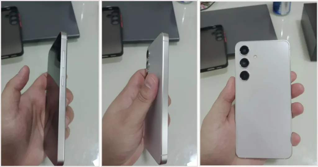 Usuário segurando um Samsung Galaxy S24 em diferentes ângulos, destacando design fino e as câmeras traseiras.