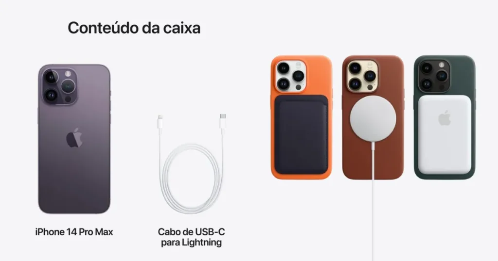 Conteúdo da caixa do iPhone 14 Pro Max em roxo: smartphone, cabo USB-C para Lightning e exemplos de acessórios MagSafe em diferentes cores