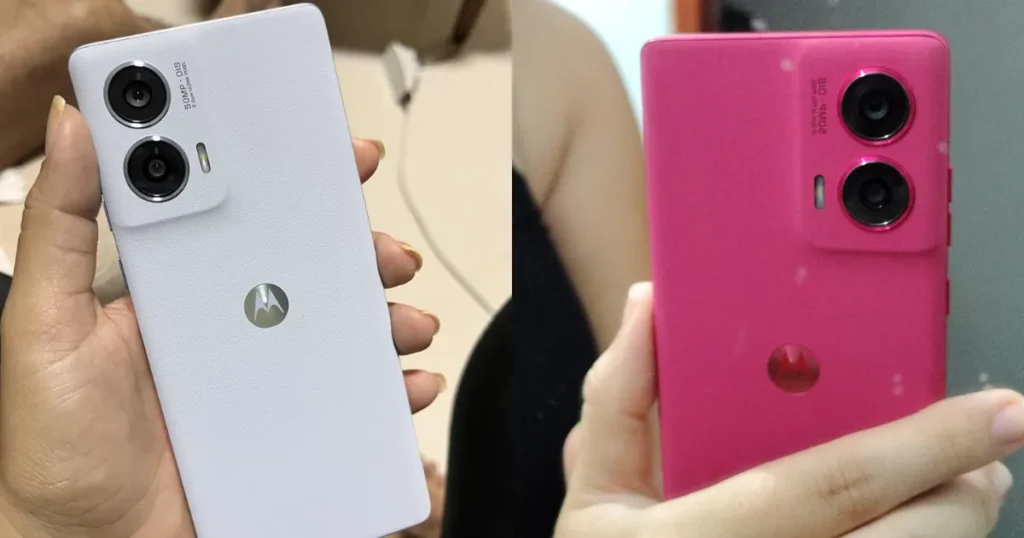 Smartphones Motorola Edge 50 Fusion nas cores branco e rosa sendo segurados na mão, destacando a câmera dupla de 50MP com OIS e o acabamento sofisticado em couro vegano.