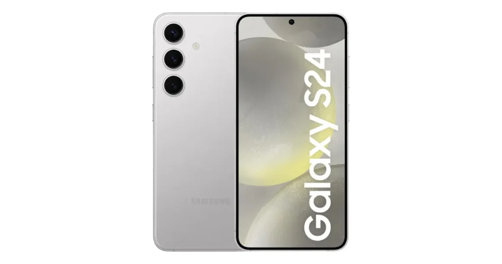 Smartphone Samsung Galaxy S24 prata com tela infinita e três câmeras traseiras verticais.