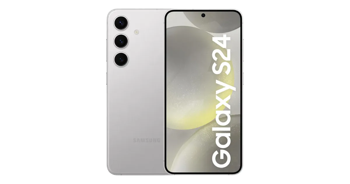 Smartphone Samsung Galaxy S24 prata com tela infinita e três câmeras traseiras verticais.