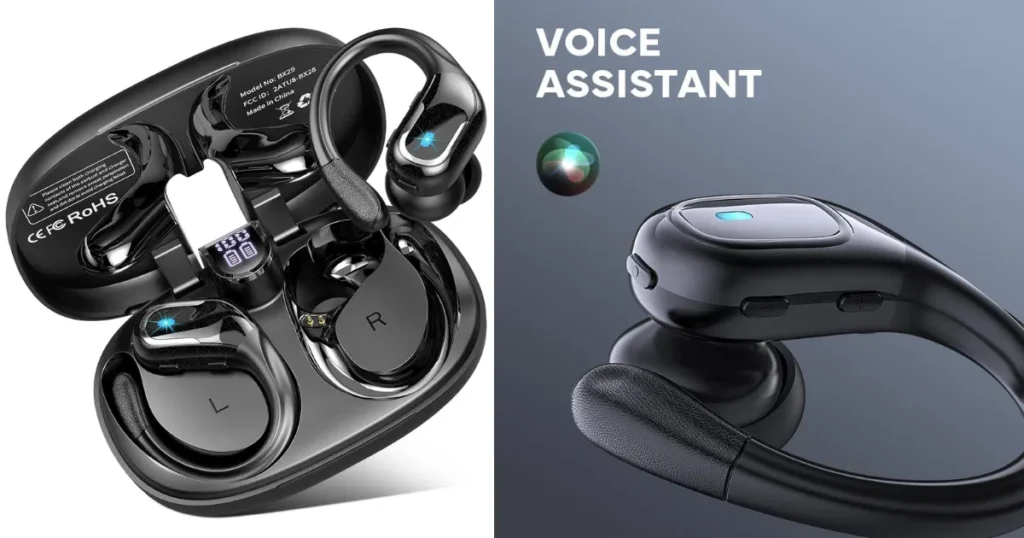 Fone Bluetooth sem fio MERTTO BX28 com suporte de orelha esportivo, estojo de carregamento com visor digital e ativação de assistente de voz, ideal para treinos e comandos inteligentes.