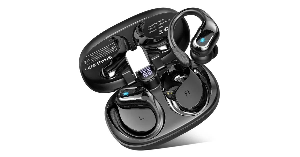 Fone Bluetooth sem fio MERTTO modelo BX28 com suporte de orelha, display digital de bateria no estojo e design esportivo, ideal para treinos e uso diário.