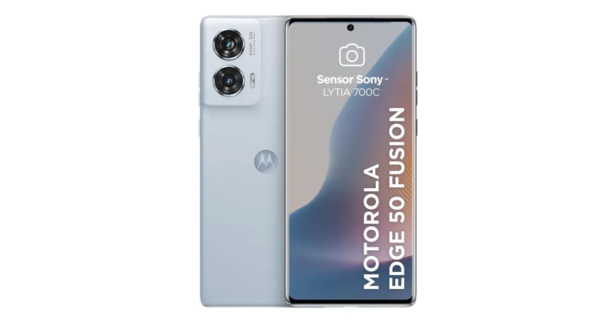 Smartphone Motorola Edge 50 Fusion na cor clara, exibindo sua câmera dupla com sensor Sony LYTIA 700C e tela curva com visual elegante. Ideal para quem procura um celular Android premium com preço acessível.