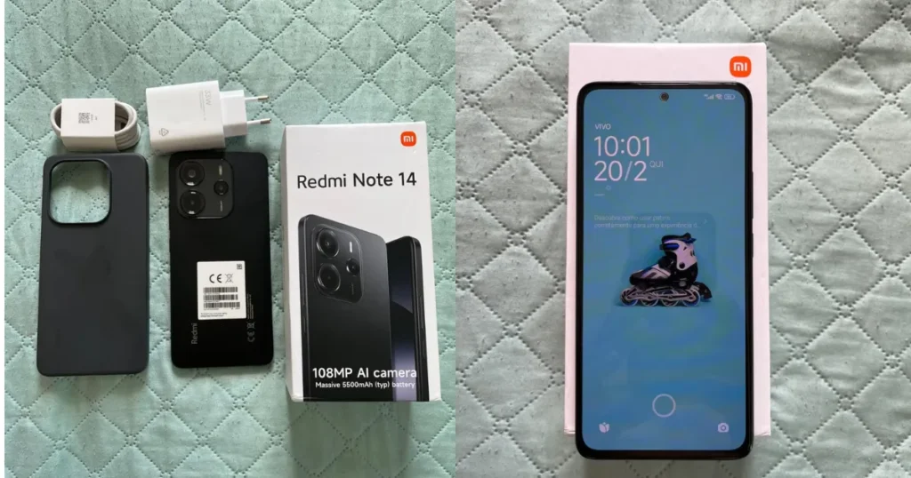 Imagem do unboxing do Xiaomi Redmi Note 14 com todos os acessórios incluídos: carregador, cabo, capinha e o aparelho, destacando a traseira com câmeras e a tela com o sistema inicial. Um celular Android moderno e acessível para quem busca custo-benefício.