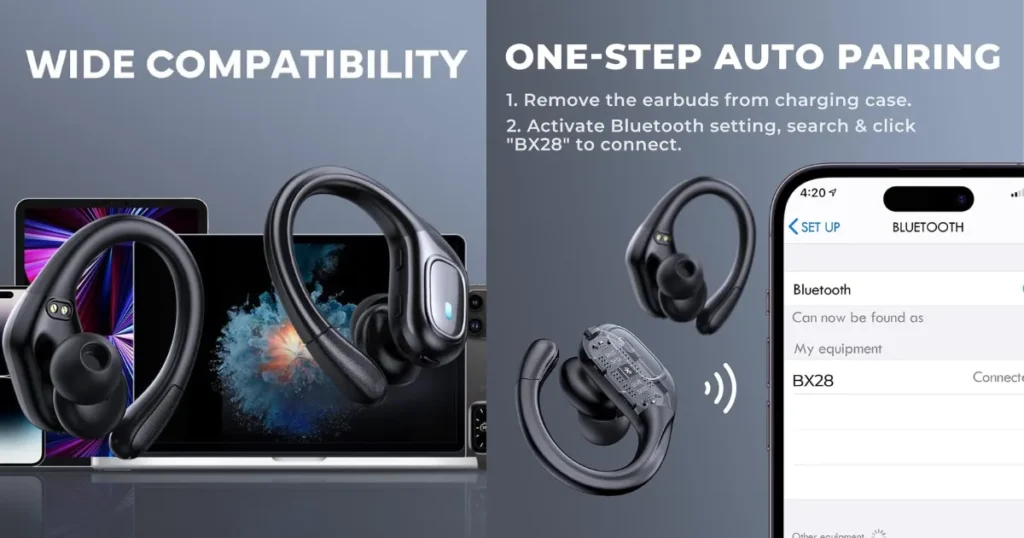 Fone de ouvido Bluetooth MERTTO BX28 com ampla compatibilidade com notebooks, tablets e smartphones, além de pareamento automático com um clique via Bluetooth.