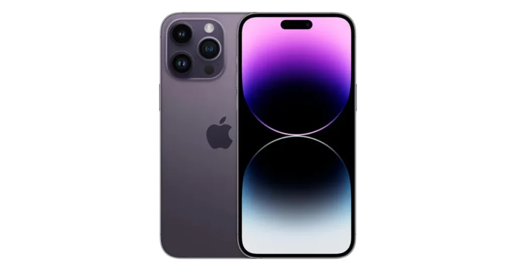 iPhone 14 Pro em cor roxa escura (Deep Purple) com sistema de câmera tripla e tela com Dynamic Island exibindo gradiente roxo e azul