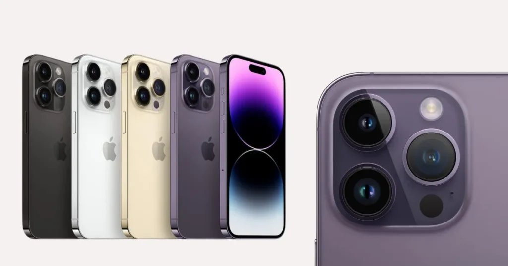 iPhone 14 Pro em quatro cores (preto, prata, dourado e roxo) com destaque para o sistema de câmera tripla profissional e tela com Dynamic Island
