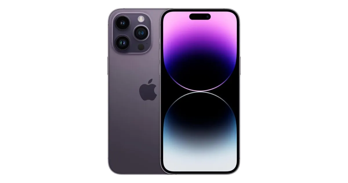 iPhone 14 Pro em cor roxa escura (Deep Purple) com sistema de câmera tripla e tela com Dynamic Island exibindo gradiente roxo e azul