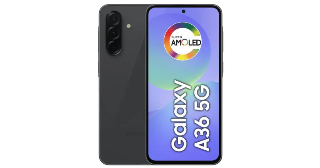 Ilustração gráfica do smartphone Samsung Galaxy A36 5G na cor grafite. A imagem composta mostra a traseira com câmera tripla e a frente com o nome "Galaxy A36 5G" e o logo "Super AMOLED" na tela.