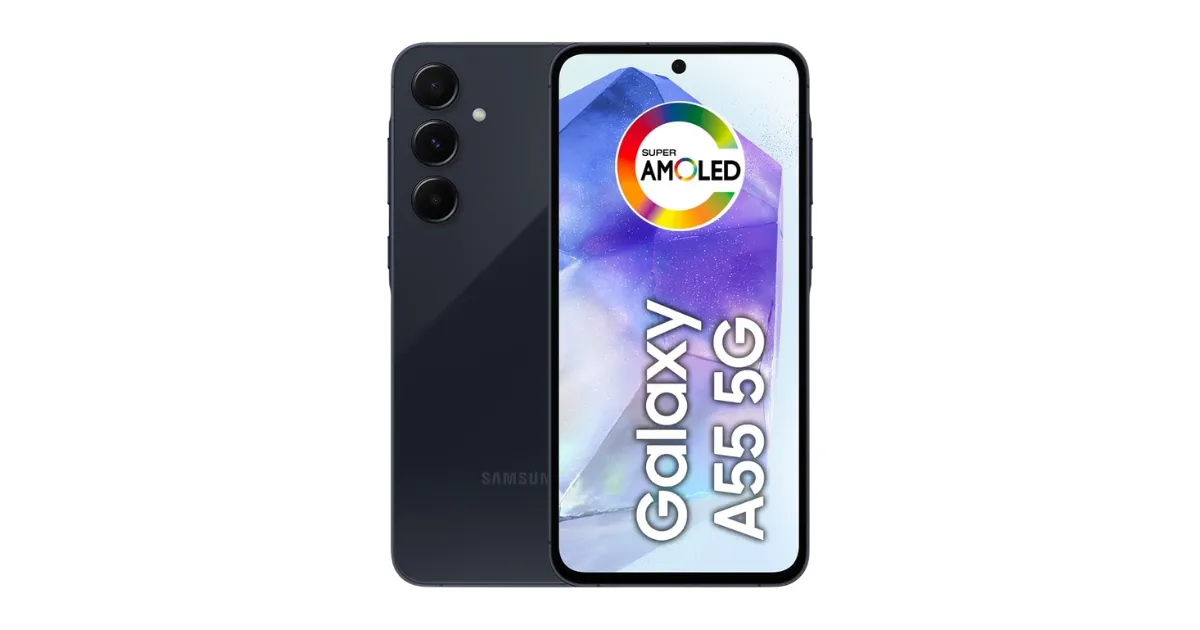 Ilustração gráfica do smartphone Samsung Galaxy A55 5G na cor grafite. A imagem exibe a traseira com câmera tripla e a frente com o logo "Super AMOLED" e o nome do modelo sobrepostos à tela.