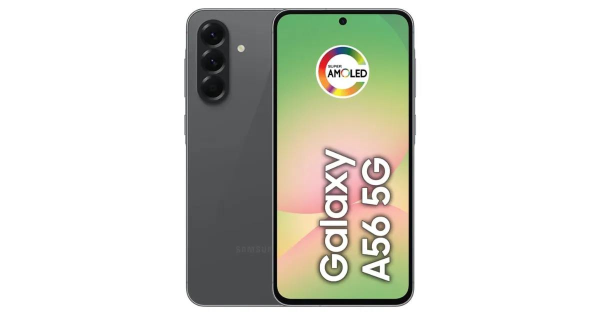 Ilustração gráfica do smartphone Samsung Galaxy A56 5G na cor grafite. A imagem mostra a traseira com três câmeras verticais e a frente com os logos "Super AMOLED" e "Galaxy A56 5G" na tela.