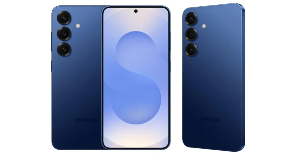 Imagem conceitual do smartphone Samsung Galaxy S25 na cor azul escuro, exibindo a parte traseira com três câmeras alinhadas na vertical e a parte frontal com tela de bordas finas.