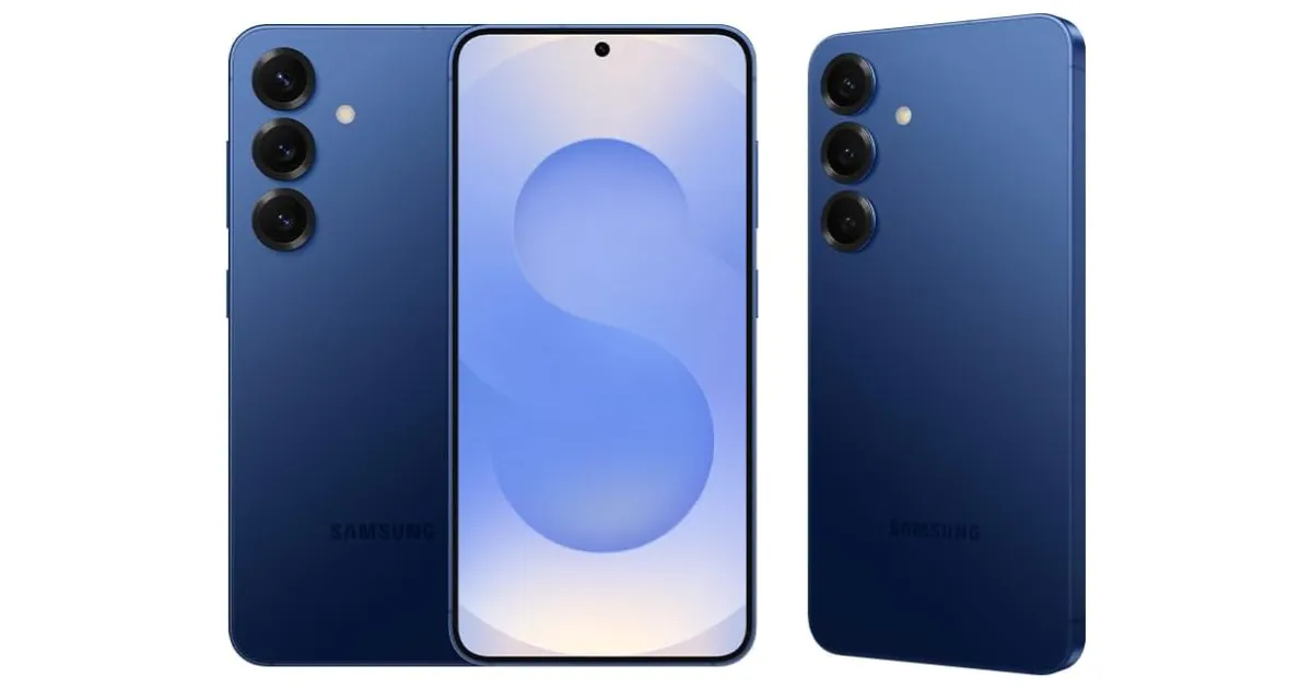 Imagem conceitual do smartphone Samsung Galaxy S25 na cor azul escuro, exibindo a parte traseira com três câmeras alinhadas na vertical e a parte frontal com tela de bordas finas.