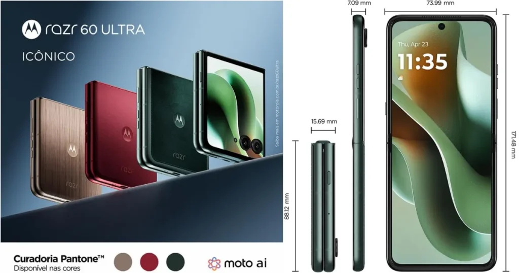 Infográfico conceitual do futuro smartphone dobrável Motorola Razr 60 Ultra. À esquerda, o aparelho é exibido em três cores (bronze, vermelho e verde). À direita, um diagrama mostra as dimensões técnicas do celular.