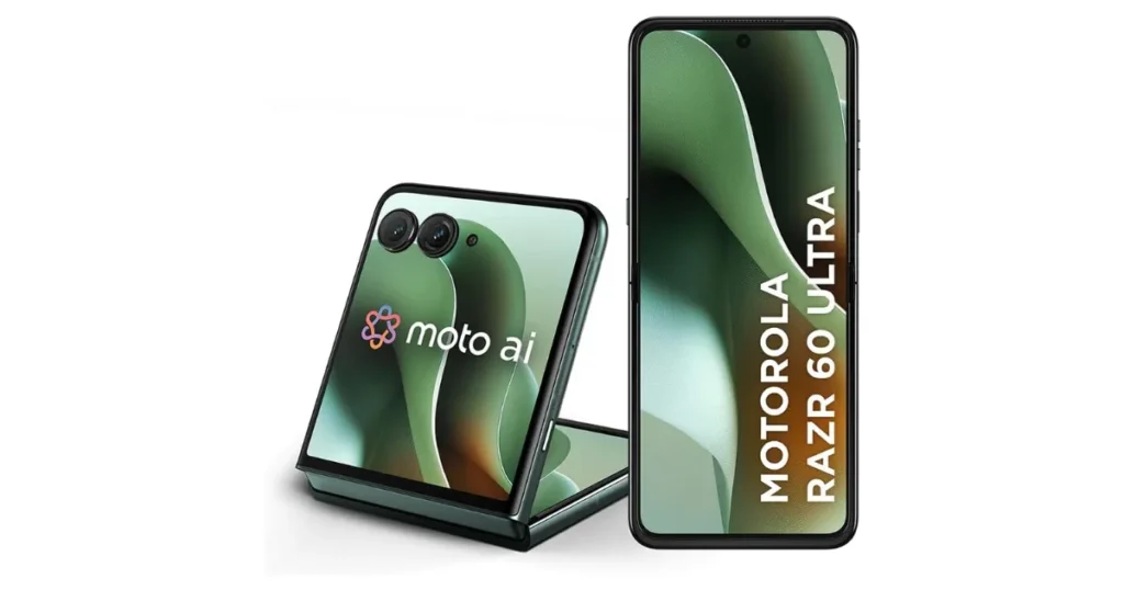 Renderização conceitual do futuro smartphone dobrável Motorola Razr 60 Ultra na cor verde. A imagem mostra o aparelho aberto e semiaberto, destacando a tela interna e a tela externa com o logo "moto ai".