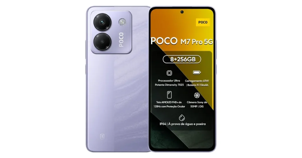 Renderização conceitual de um smartphone fictício chamado POCO M7 Pro 5G. A imagem mostra o aparelho na cor lilás, com duas grandes câmeras traseiras, e a tela frontal exibindo uma lista de especificações falsas.