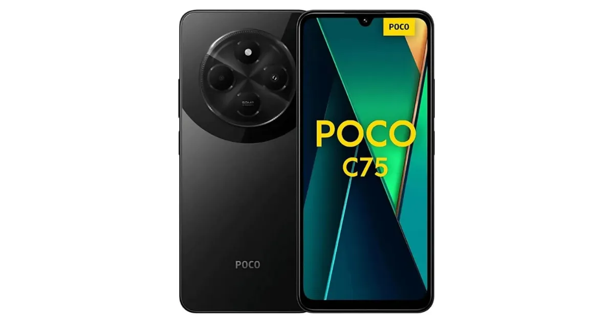 Renderização conceitual de um smartphone fictício chamado Poco C75. A imagem exibe a traseira do aparelho na cor preta, com um grande módulo de câmera circular, e a frente com o nome do modelo em destaque na tela.