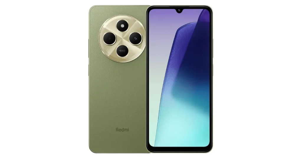 Renderização conceitual de um smartphone, incorretamente associada ao Redmi 14C. A imagem mostra um celular verde com um grande módulo de câmera circular e dourado na traseira.