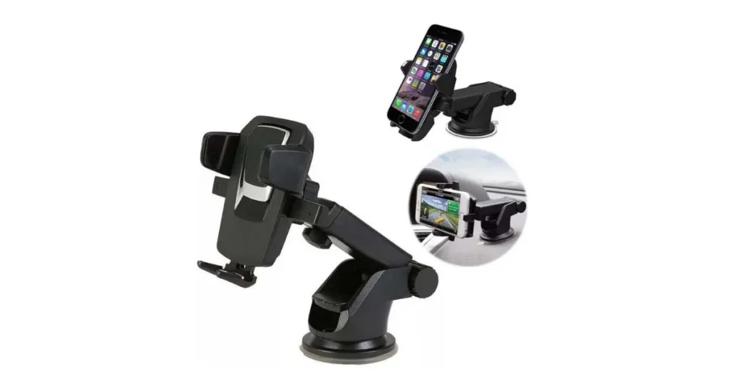 Infográfico de um suporte universal para celular de carro. A imagem principal mostra o suporte preto com base de ventosa e braço longo ajustável. Duas imagens menores demonstram o suporte em uso com um smartphone. Suporte celular