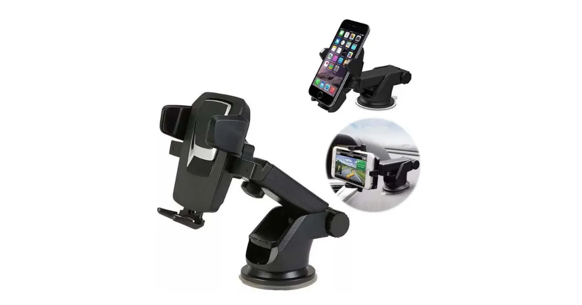 Infográfico de um suporte universal para celular de carro. A imagem principal mostra o suporte preto com base de ventosa e braço longo ajustável. Duas imagens menores demonstram o suporte em uso com um smartphone. Suporte celular