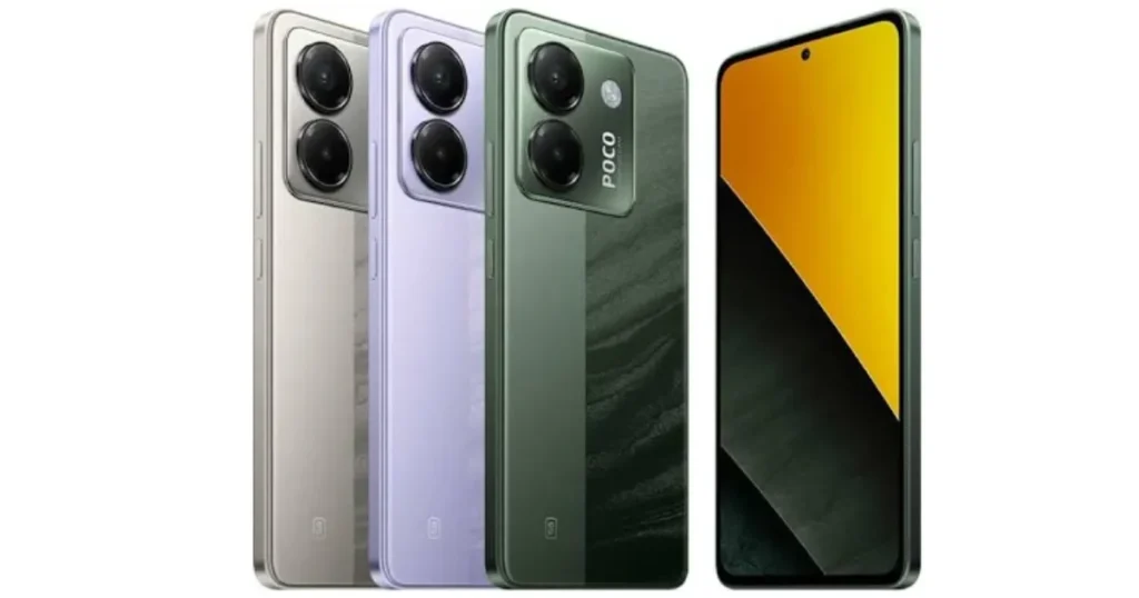 Renderização conceitual mostrando três opções de cores (prata, lilás e verde) de um smartphone fictício chamado POCO M7. A imagem também exibe a parte frontal do aparelho.