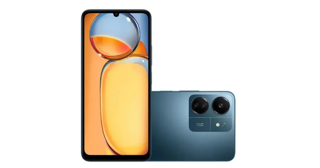 Render oficial do smartphone Xiaomi Redmi 13C na cor verde-azulado. A imagem mostra a traseira com o módulo de câmera quadrado de 50MP e a parte frontal com a tela com entalhe em gota.