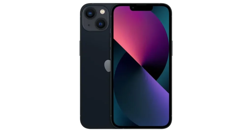 Um iPhone 14 na cor Meia-Noite visto de frente e por trás. A parte traseira mostra o sistema de câmera dupla na diagonal e o logo da Apple. A tela frontal está acesa, exibindo um papel de parede colorido.
