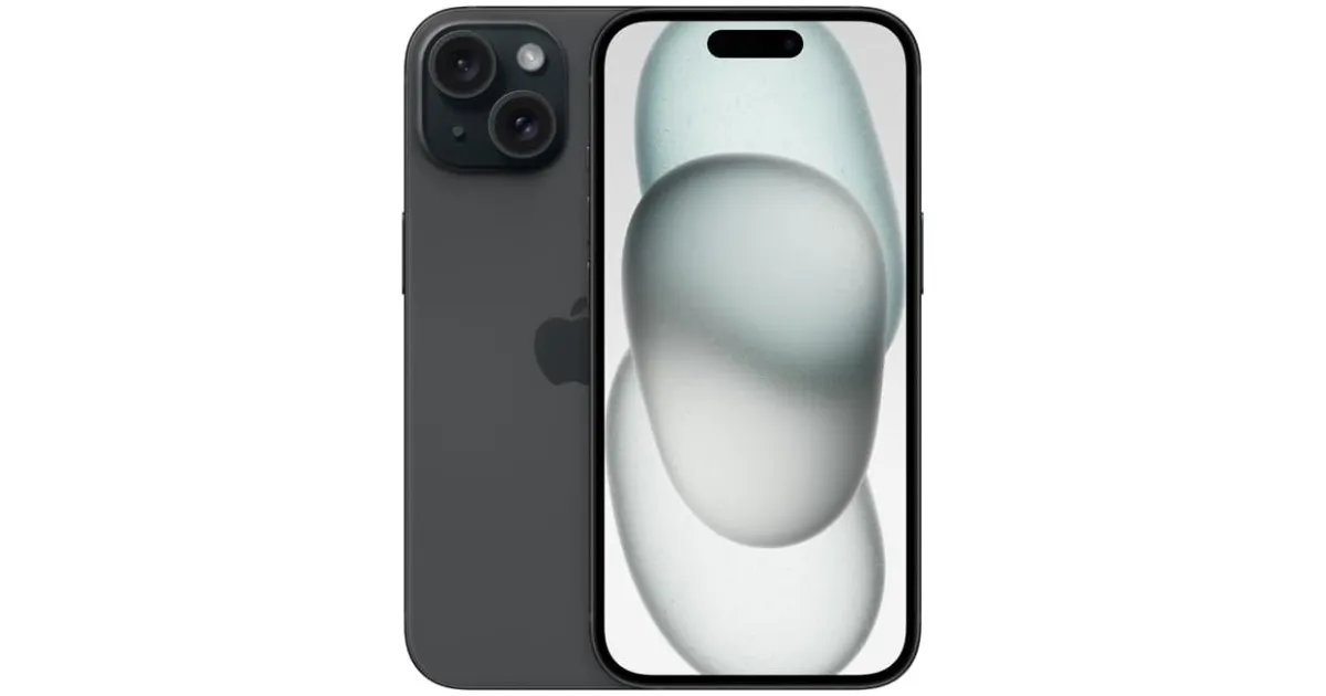 Smartphone iPhone 15 na cor preta, mostrado de frente e de costas, com duas câmeras traseiras e tela ligada com papel de parede em tons claros.
