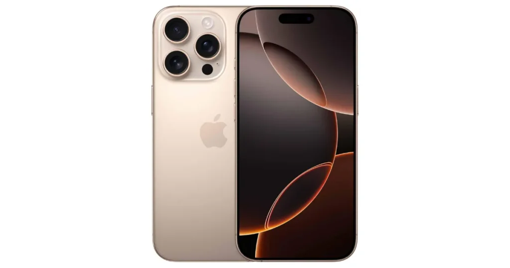 Smartphone iPhone 15 Pro na cor dourada, exibido de frente e verso, com três câmeras traseiras e tela acesa com imagem abstrata.