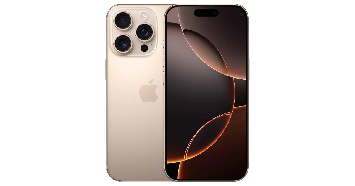 Smartphone iPhone 15 Pro na cor dourada, exibido de frente e verso, com três câmeras traseiras e tela acesa com imagem abstrata.