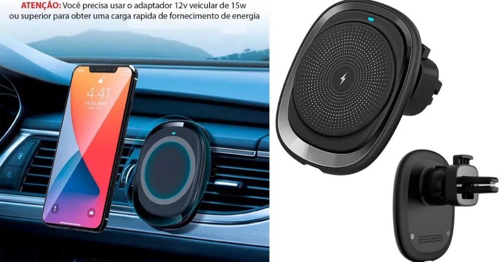 Infográfico de um suporte veicular MagSafe. À esquerda, um iPhone está preso magneticamente ao suporte no painel de um carro. À direita, duas imagens mostram o produto em detalhe, de frente e de costas.