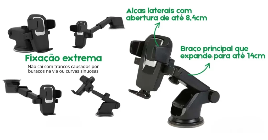 Infográfico de um suporte veicular universal. A imagem destaca suas características com textos: fixação extrema, alças laterais que abrem até 8,4cm e braço principal que expande até 14cm.